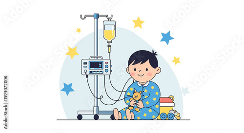 Child Patient with IV Drip and Teddy Bear, Hospital Care, Medical Treatment