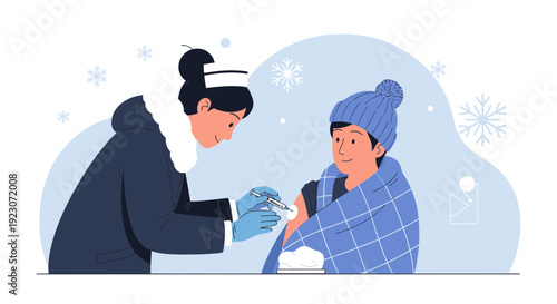 Child receiving vaccination in winter, healthcare concept illustration
