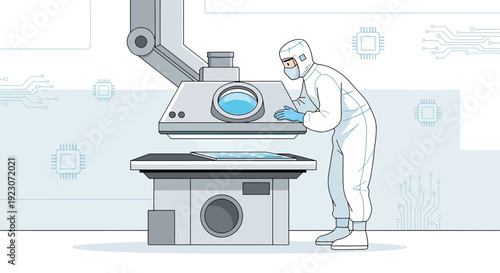 Cleanroom Scientist Working with Semiconductor Manufacturing Equipment