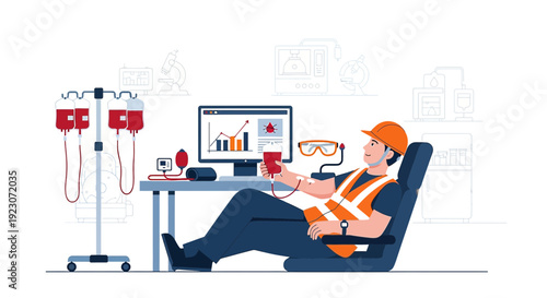 Construction Worker Donating Blood with IV Drip and Computer Monitoring