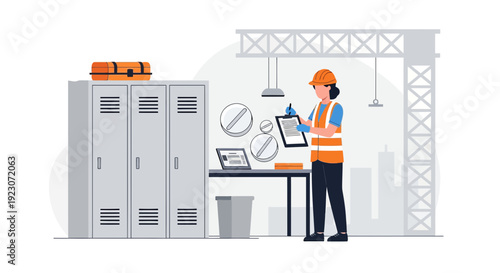 Construction Worker Inspecting Site Plans with Crane and Lockers