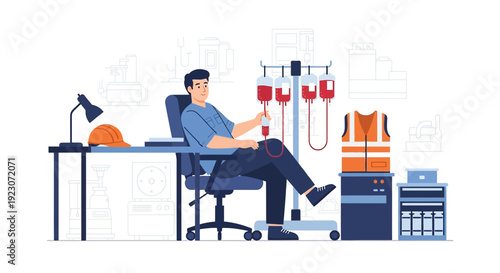 Construction Worker Receives IV Drip and Blood Transfusion at Desk