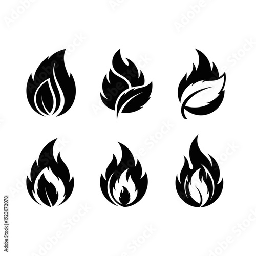 Set of Six Flame and Leaf Icons.