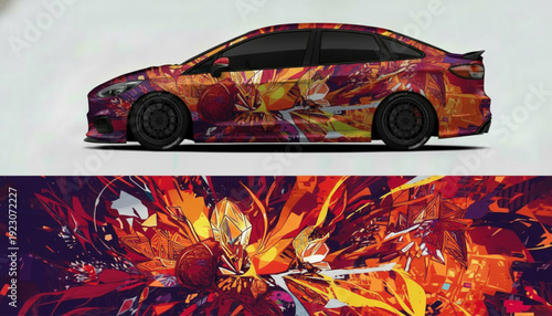 Custom car wrap design featuring vibrant abstract floral and leaf patterns in warm orange, red, and purple tones, showcasing a unique automotive aesthetic.