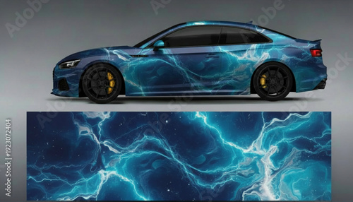 Blue sports car with a dynamic electric lightning bolt design vinyl wrap, showcasing the full pattern below.