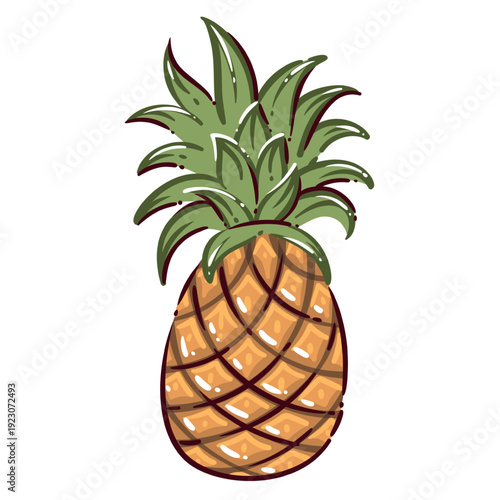 Pineapple with golden textured body and green spiky leaves in tropical summer style. Pineapple illustrated in simple bold doodle cartoon style vector illustration.