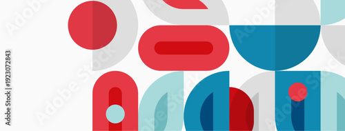 Abstract geometric shapes overlap. Red, blue hues dominate white background. Minimalist design, modern aesthetic. Simple forms create playful composition.