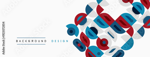 Abstract geometric pattern. Circles overlap, creating dynamic visual effect. Red, blue, gray tones dominate composition. Minimalist design.