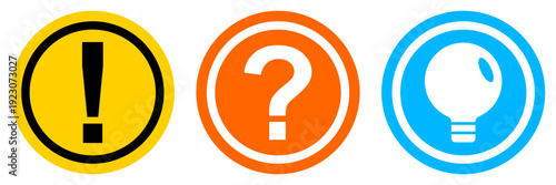 Set of three circular icons exclamation mark question mark and light bulb for warning help and idea concepts