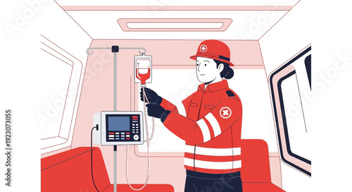 Paramedic Administering IV Drip Inside Ambulance - Medical Care Illustration