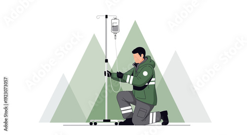 Paramedic administering IV drip in mountainous terrain, medical emergency support