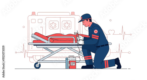 Paramedic Administering Aid to Patient on Stretcher Next to Ambulance