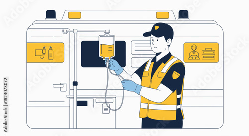 Paramedic Administering IV Drip Near Ambulance - Medical Care Illustration
