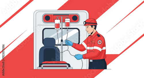 Paramedic Administering IV Drip Treatment Inside Ambulance