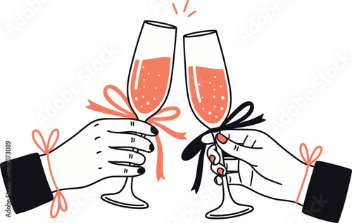 Two hands clinking champagne flutes with ribbons in a celebratory toast