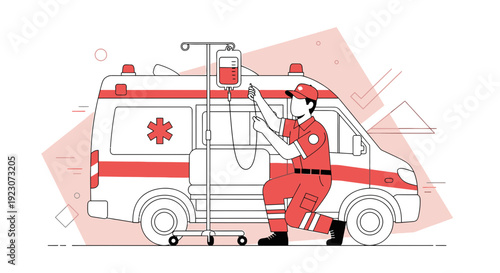 Paramedic Prepares IV Drip for Patient Next to Ambulance, Medical Emergency Concept