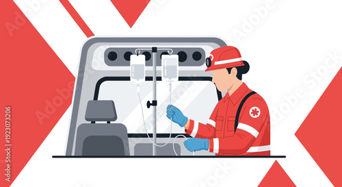 Paramedic Prepares IV Drip Inside Ambulance - Medical Emergency Care