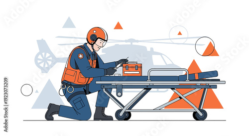 Paramedic Prepares Medical Treatment on Stretcher with Helicopter Background