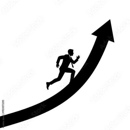 Silhouette of a businessman running up an upward trending arrow graph.