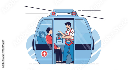 Paramedic Providing Medical Aid Inside Cable Car Cabin