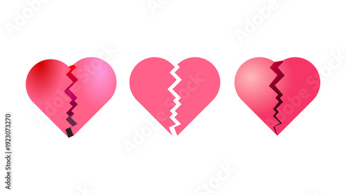 Three pink hearts with cracks symbolizing heartbreak, sadness, and emotional pain, in different styles