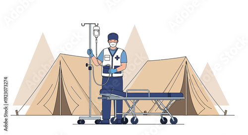 Paramedic with IV Drip and Stretcher in Field Hospital Tents