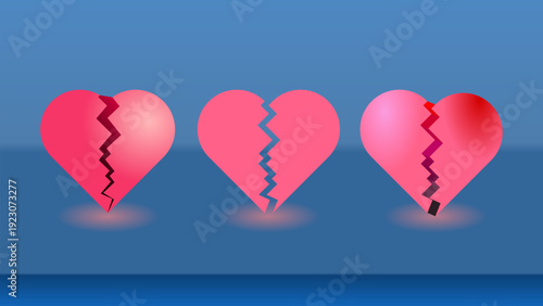 Three pink broken hearts with cracks and red fading symbolizing heartbreak and relationship breakup struggles