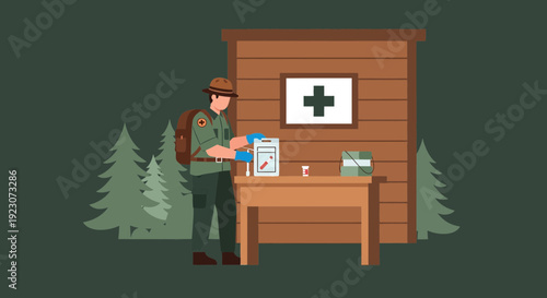 Park Ranger Administering Medical Aid in Forest Clinic