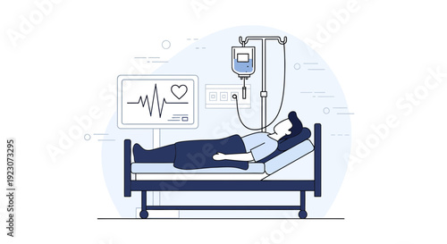Patient in Hospital Bed with IV Drip and Vital Signs Monitor - Medical Illustration