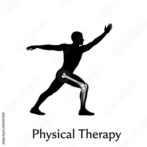 Silhouette of a person performing a physical therapy exercise with a highlighted knee joint.