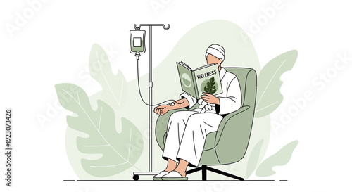 Patient Receiving IV Drip Treatment While Reading Book in a Comfortable Chair