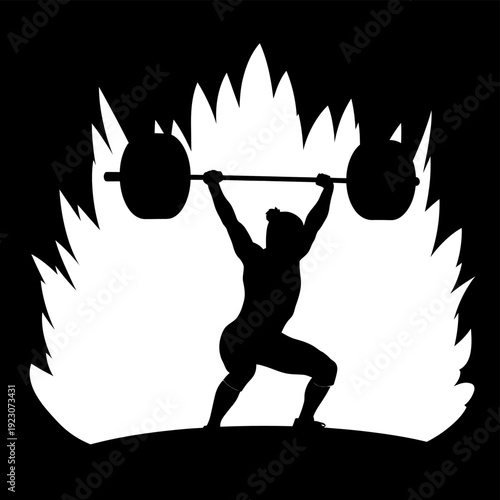 Silhouette of a weightlifter performing a clean and jerk with a fiery background.