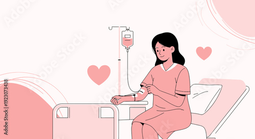 Patient Receiving IV Infusion in Hospital Bed with Heart Symbols