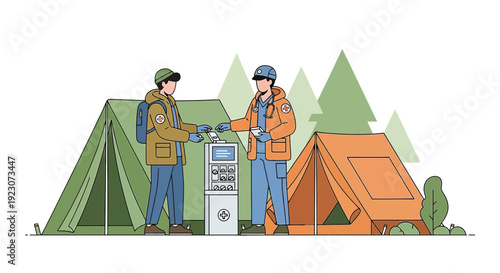 Outdoor Medical Aid: Healthcare Worker Assists Camper with Equipment