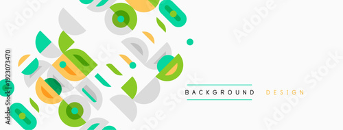 Abstract geometric shapes overlap, creating dynamic background. Soft colors dominate design, offering modern aesthetic.