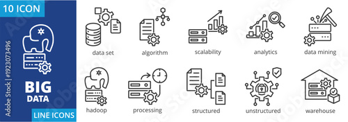Big Data  icon set collection in outline style. Containing dataset, algorithm, scalability, 
analytics, data mining, hadoop, real-time processing, structured data, unstructured data, data warehouse.
