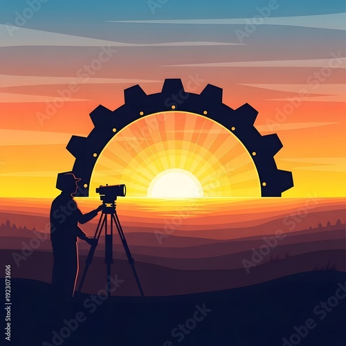 Silhouette of a person filming a sunset with a gear-shaped sun, symbolizing production and creativity