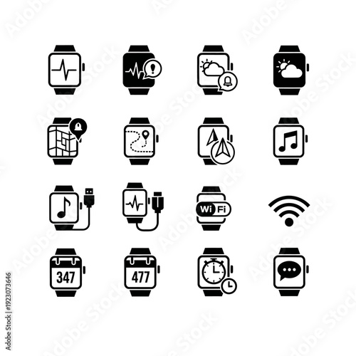 Smartwatch Icons Collection Health Navigation Music and Connectivity.