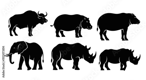 African and Asian Wildlife Silhouettes: Elephant, Rhino, Hippo, and Buffalo Vector Set