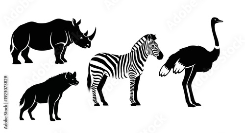 African Safari Animals Black Silhouettes Set on White Background