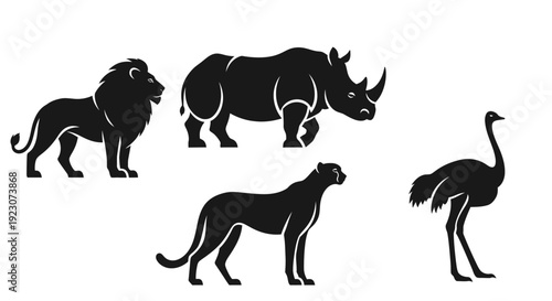 African Safari Animals Silhouettes: Lion, Rhino, Cheetah, Ostrich Vector Icons Set