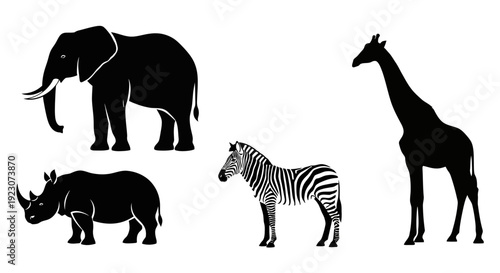 African Safari Animals Silhouettes Collection on White Background