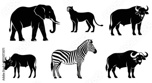 African Safari Animals Silhouettes Collection on White Background