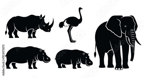 African Safari Animals Silhouettes Set: Elephant, Rhino, Hippo, Ostrich Wildlife Collection