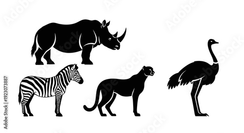 African Safari Animals Silhouettes Set Isolated on White