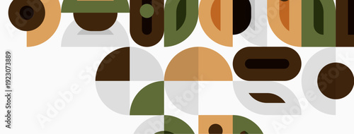 Abstract geometric shapes overlap, creating muted earthy tones. Composition feels modern, minimalist, balanced. Simple forms suggest organic elements.