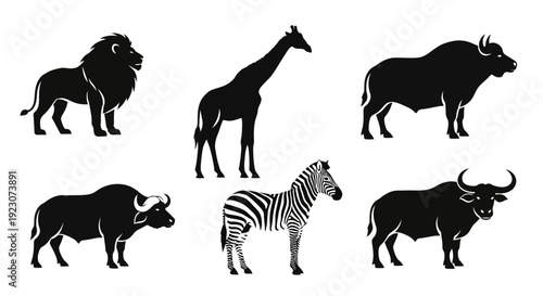 African Safari Animals Silhouettes Set: Lion, Giraffe, Zebra, and Buffalo Icons
