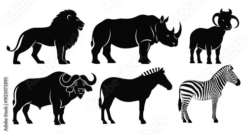 African Safari Animals Silhouettes Set: Lion, Rhino, Buffalo, Zebra, and Ram Icons