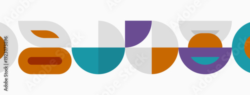 Abstract geometric shapes form repeating pattern. Orange, teal, purple hues dominate design. Minimalist style, clean lines present.