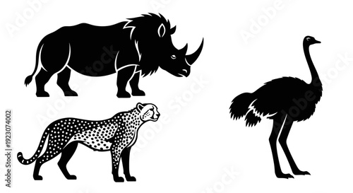 African Wildlife Silhouettes: Rhinoceros, Cheetah, and Ostrich on White Background